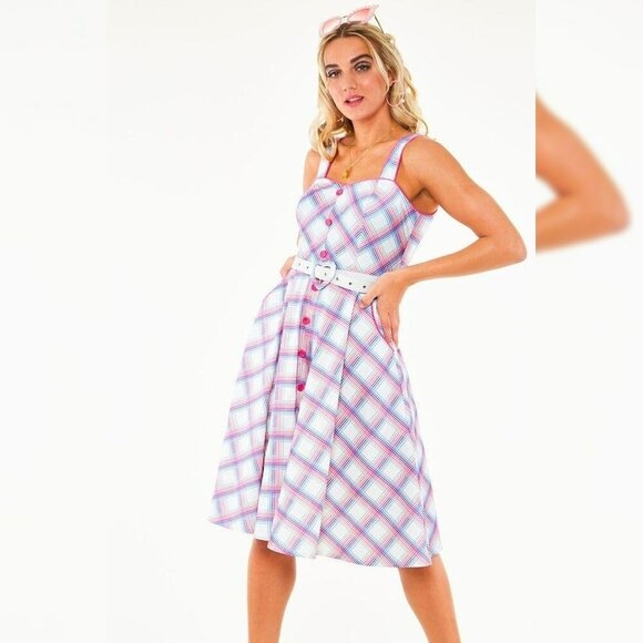 Voodoo Vixen Vita Tartan Rainbow Dress Vintage Belted Retro M - Picture 1 of 13